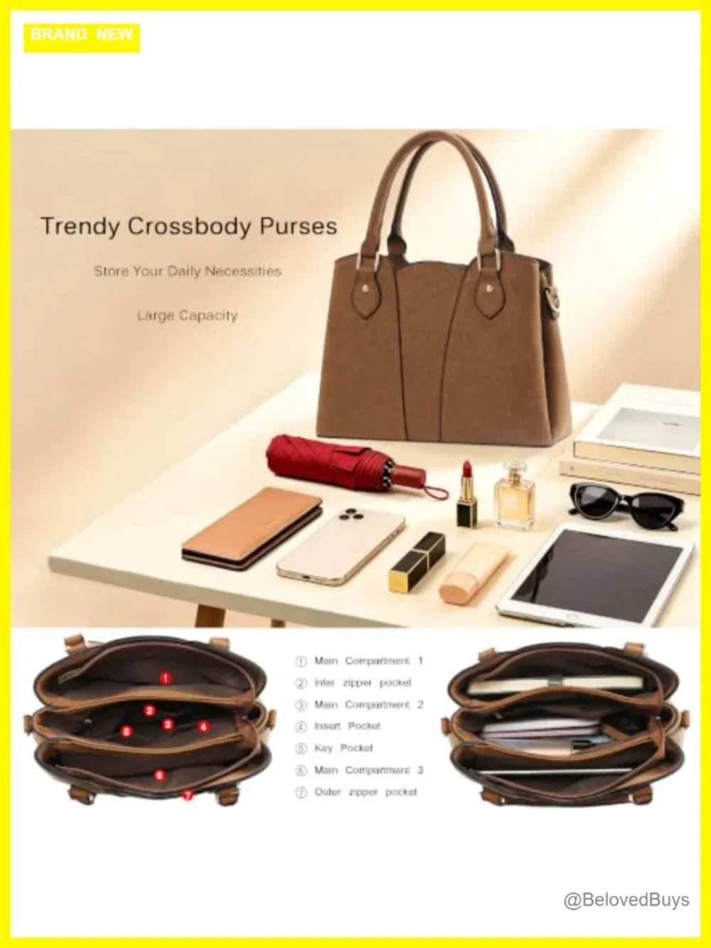 Vegan Leather Crossbody Tote Satchel Handbag with Zipper